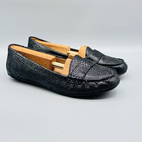 Vionic Shoes Women 7 Black Leather Larrun Loafer Snakeprint Slip On Arch Support - Picture 2 of 10